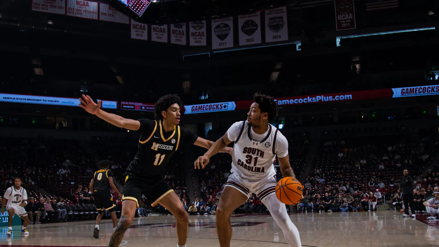 FILE — Junior forward Elijah Strong boxes out a defending player during the game against Mizzou on Feb. 7, 2026. Strong scored 12 points.