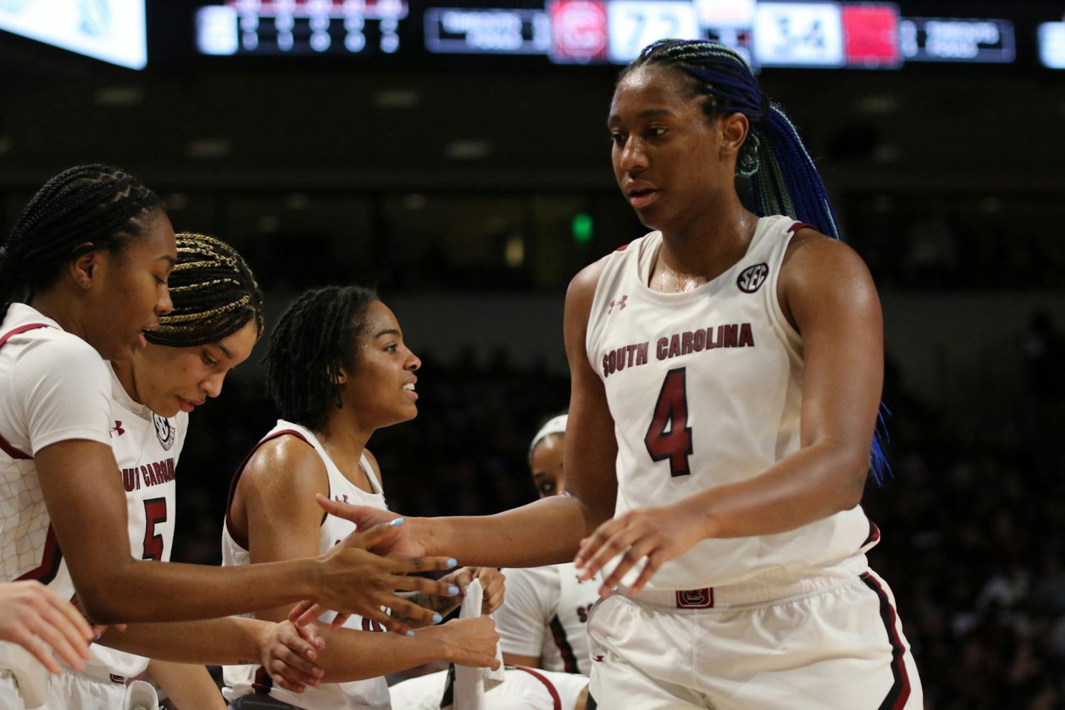 The South Carolina Gamecocks women's basketball team dominated the Arkansas Razorbacks 92-46 in a historic game at Colonial Life Arena in Columbia, SC, on Jan. 22, 2023. Senior forward Aliyah Boston recorded her 73rd double-double, the most in Gamecock women's basketball history, and the Gamecocks are now 8-0 in the SEC, having defeated every opponent they've faced this 鶹С򽴫ý.&nbsp;