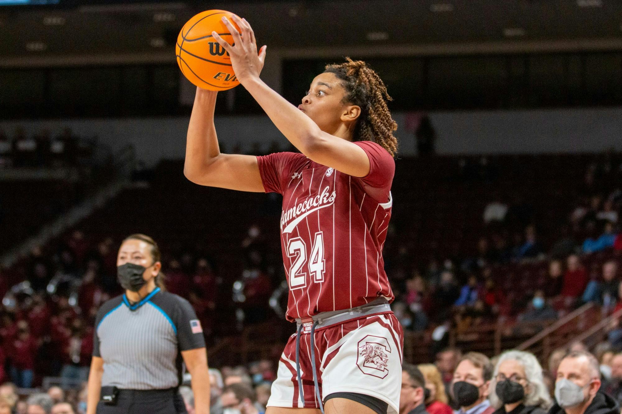 FILE—Graduate guard Lele Grissett passes the ball to a teammate during a game against Vanderbilt on Jan. 24, 2022, at Colonial Life Arena. The Gamecocks beat the Commodores, 85-30.