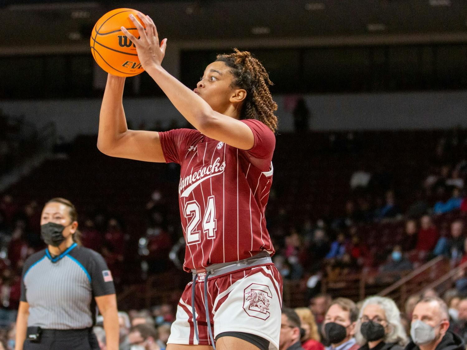 FILE—Graduate guard Lele Grissett passes the ball to a teammate during a game against Vanderbilt on Jan. 24, 2022, at Colonial Life Arena. The Gamecocks beat the Commodores, 85-30.