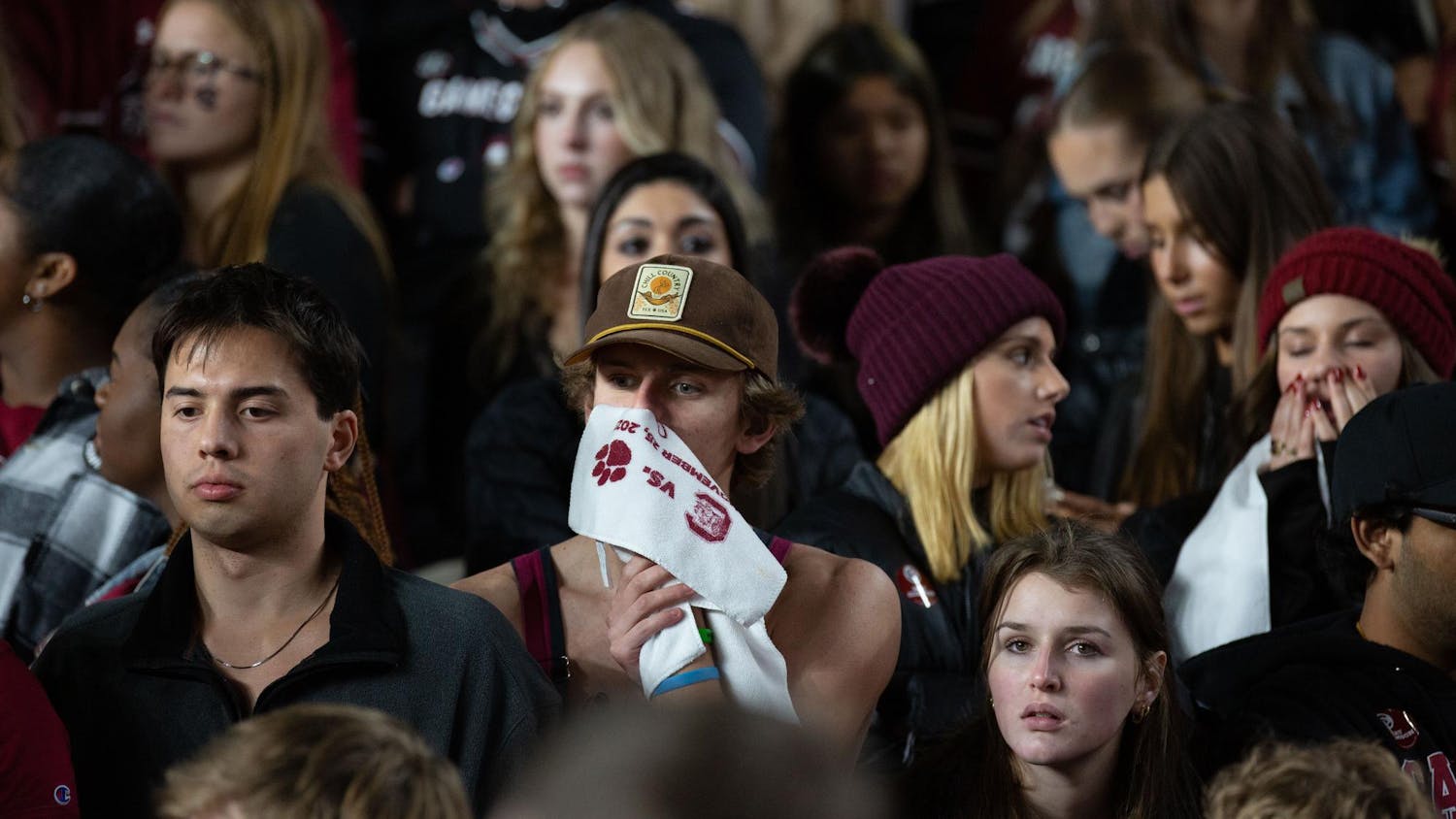 FILE - The Cockpit student section begins to lose hope as Clemson locks down the Gamecocks’ defense on Nov. 26, 2023. The Gamecocks hoped to win back-to-back Palmetto Bowls but fell 16-7 in the rivalry match-up.