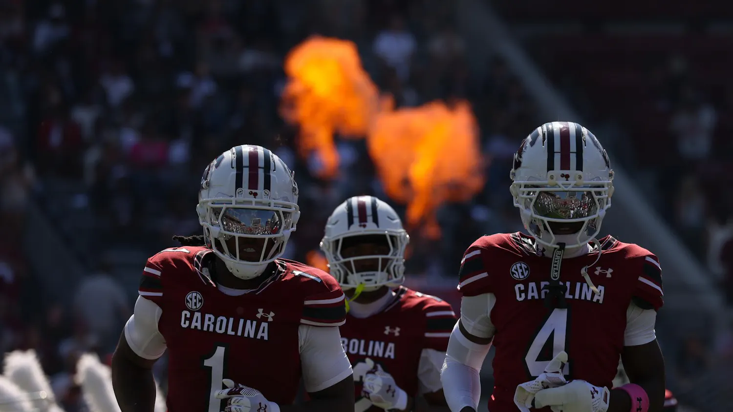 The South Carolina football team runs out before the game against Oklahoma on Oct. 18, 2025, at Williams-Brice Stadium. The Gamecocks lost to the Sooners 26-7.