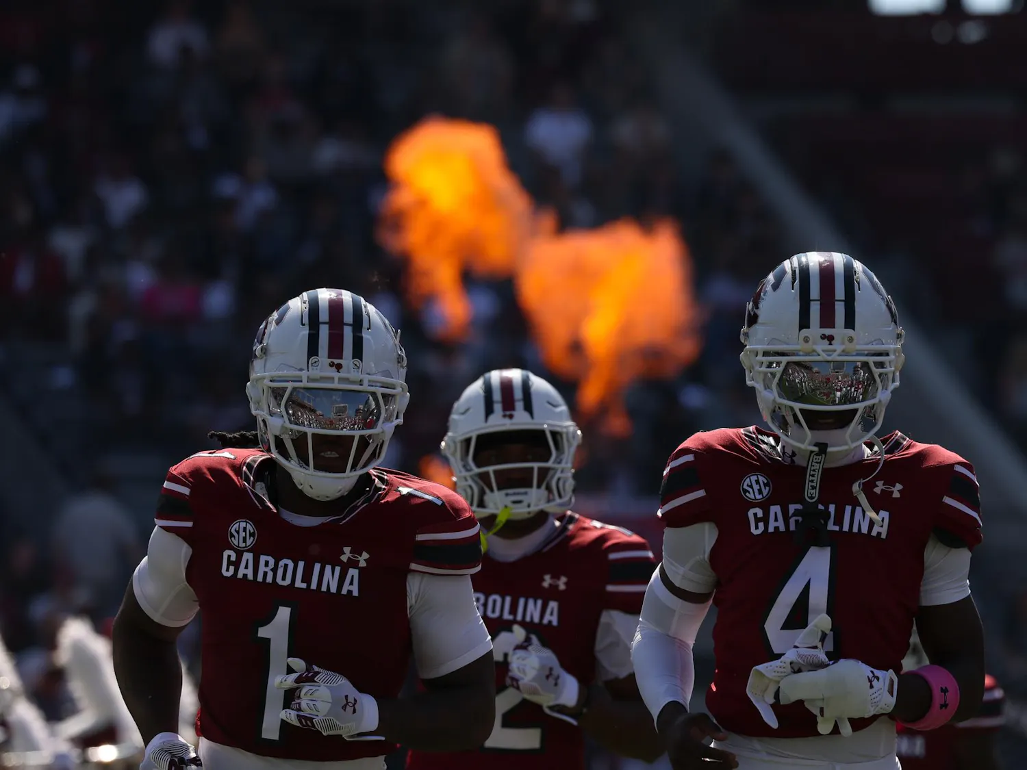 The South Carolina football team runs out before the game against Oklahoma on Oct. 18, 2025, at Williams-Brice Stadium. The Gamecocks lost to the Sooners 26-7.