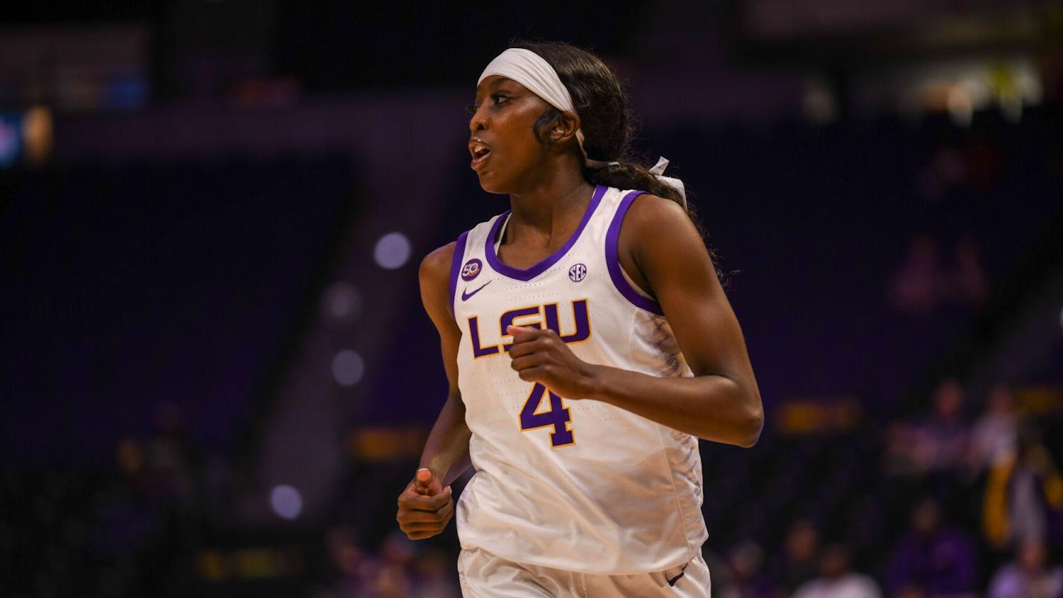 LSU women's basketball junior guard Flau'Jae Johnson runs during LSU's 114-53 win against Xavier on Oct. 24, 2024, in the Pete Maravich Assembly Center in Baton Rouge, Louisiana.