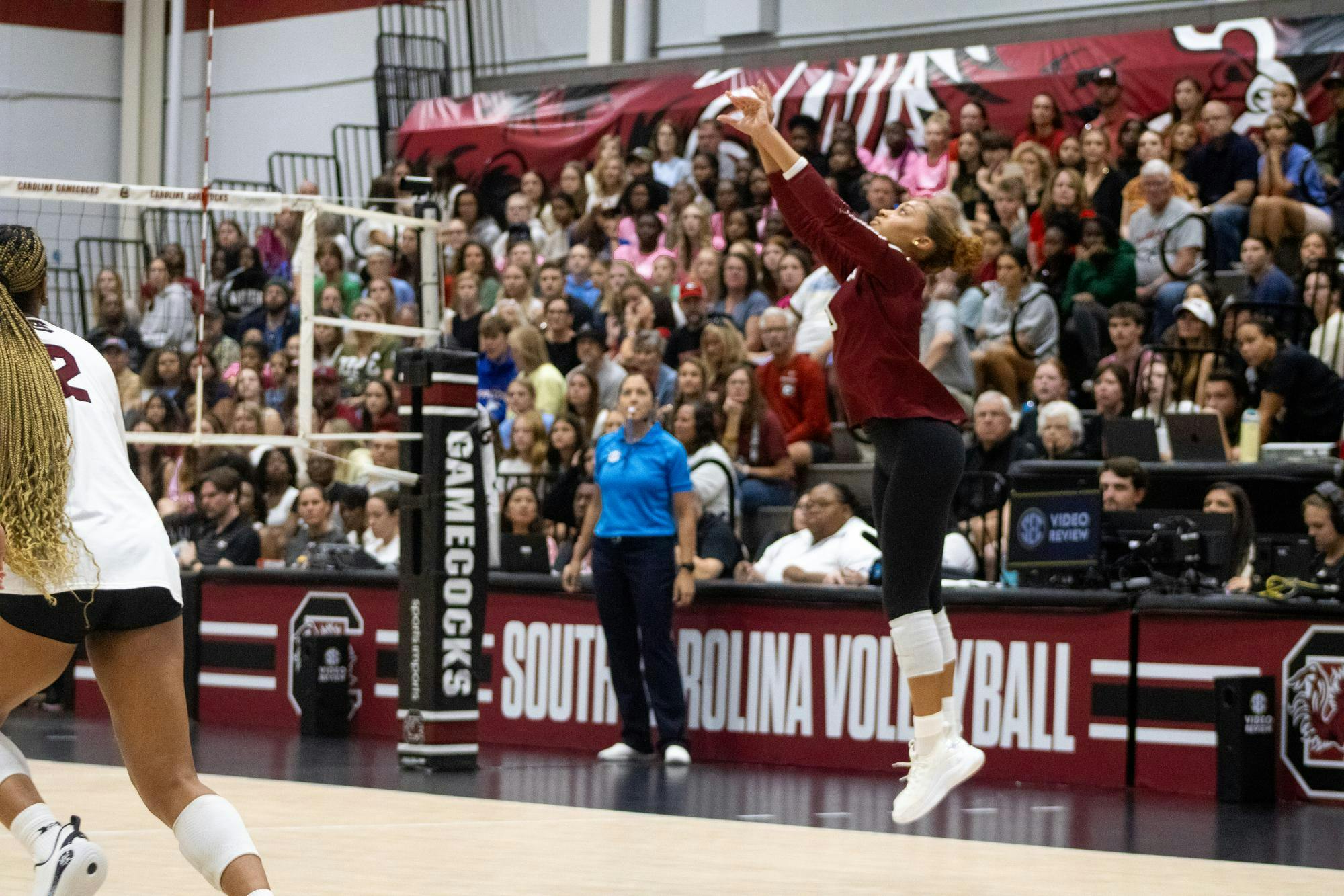 Sophomore libero Victoria Harris sets the ball to her teammates against the University of Georgia on Oct. 5, 2025, at the Carolina Volleyball Center. Harris had three service aces against Georgia.