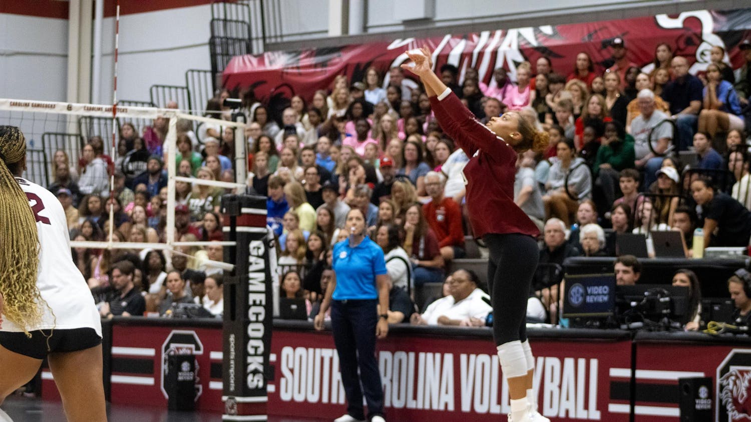 Sophomore libero Victoria Harris sets the ball to her teammates against the University of Georgia on Oct. 5, 2025, at the Carolina Volleyball Center. Harris had three service aces against Georgia.