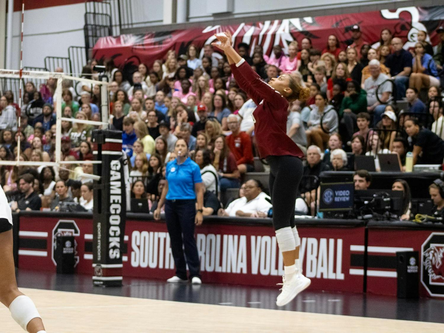 Sophomore libero Victoria Harris sets the ball to her teammates against the University of Georgia on Oct. 5, 2025, at the Carolina Volleyball Center. Harris had three service aces against Georgia.