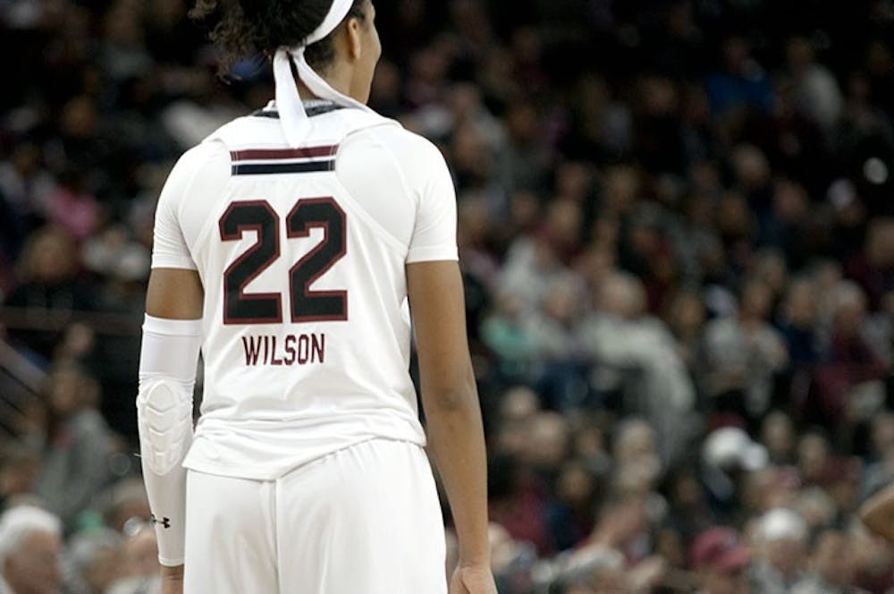<p>FILE—Sophomore forward A'ja Wilson during a game in 2016, Wilson, a star of the women's basketball team averaged a team-high 16.4 points per game.</p>