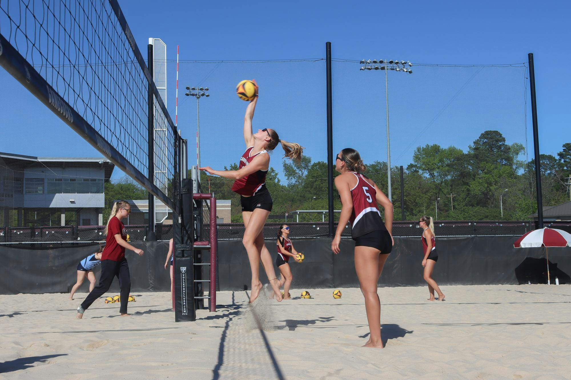 Junior Kristen Schenck spikes the ball during South Carolina's match against UT Martin on April 6, 2024. Schenck made her first career start in the evening dual.