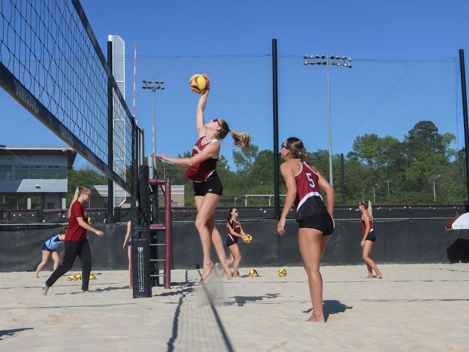 Junior Kristen Schenck spikes the ball during South Carolina's match against UT Martin on April 6, 2024. Schenck made her first career start in the evening dual.
