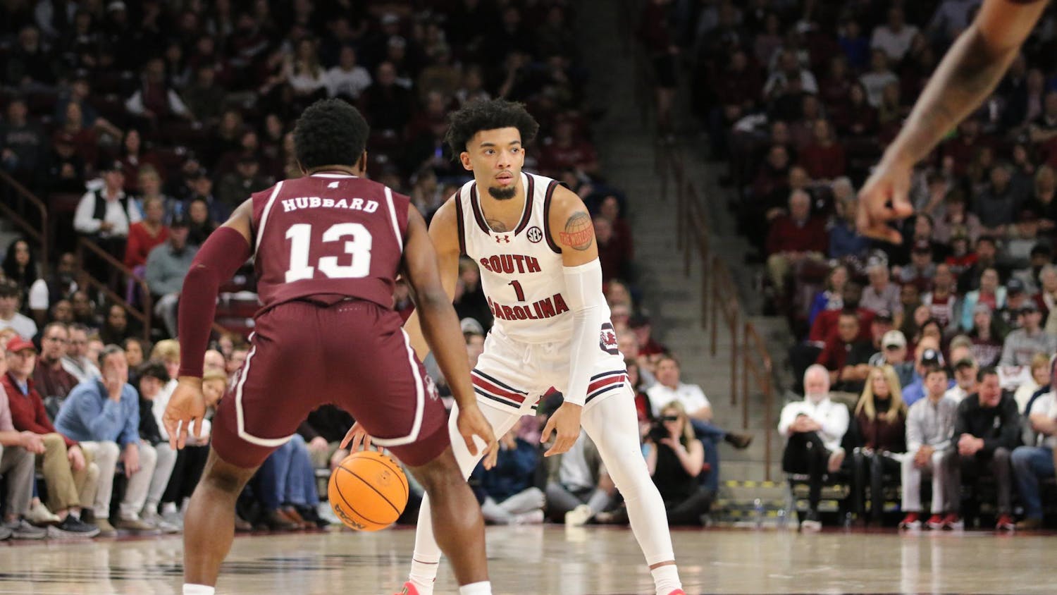 FILE — Junior guard Jacobi Wright looks pass the ball to his teammate on Jan 6, 2024. South Carolina beat Mississippi 68-62.