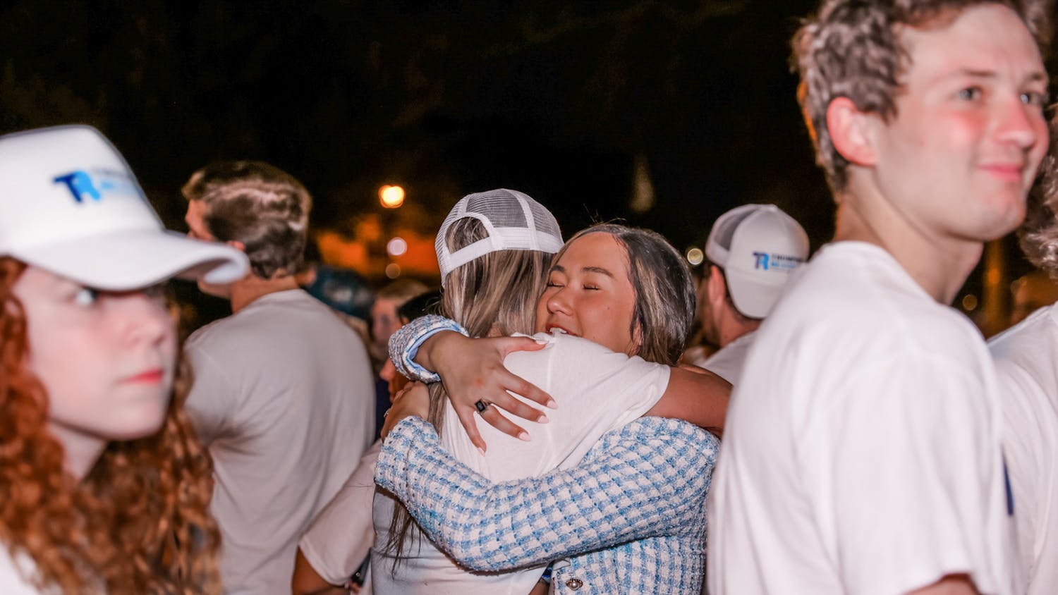 Emmie Thompson, a third-year public relations student, hugs a friend after hearing she won the Student Government election on Feb. 22, 2023. Thompson and Abrianna Reaves ran for student body president and vice president, advocating for discounted parking passes, discounts on gameday Uber rides and the implementation of phone chargers at Williams-Brice Stadium.&nbsp;