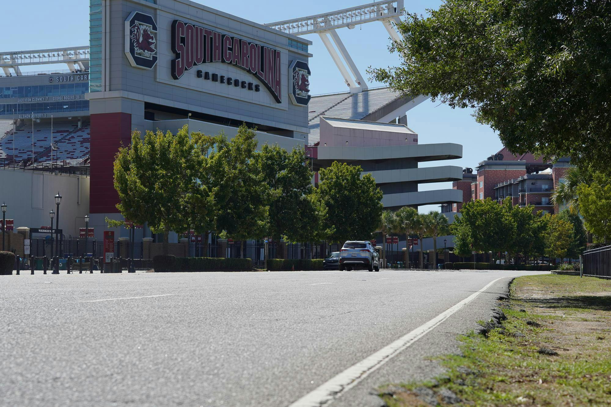FILE — Roadside of Williams-Brice Stadium located on 1125 George Rogers Boulevard in Columbia, South Carolina, on Oct. 3, 2025. Williams-Brice Stadium is the home of the USC Gamecock football team.