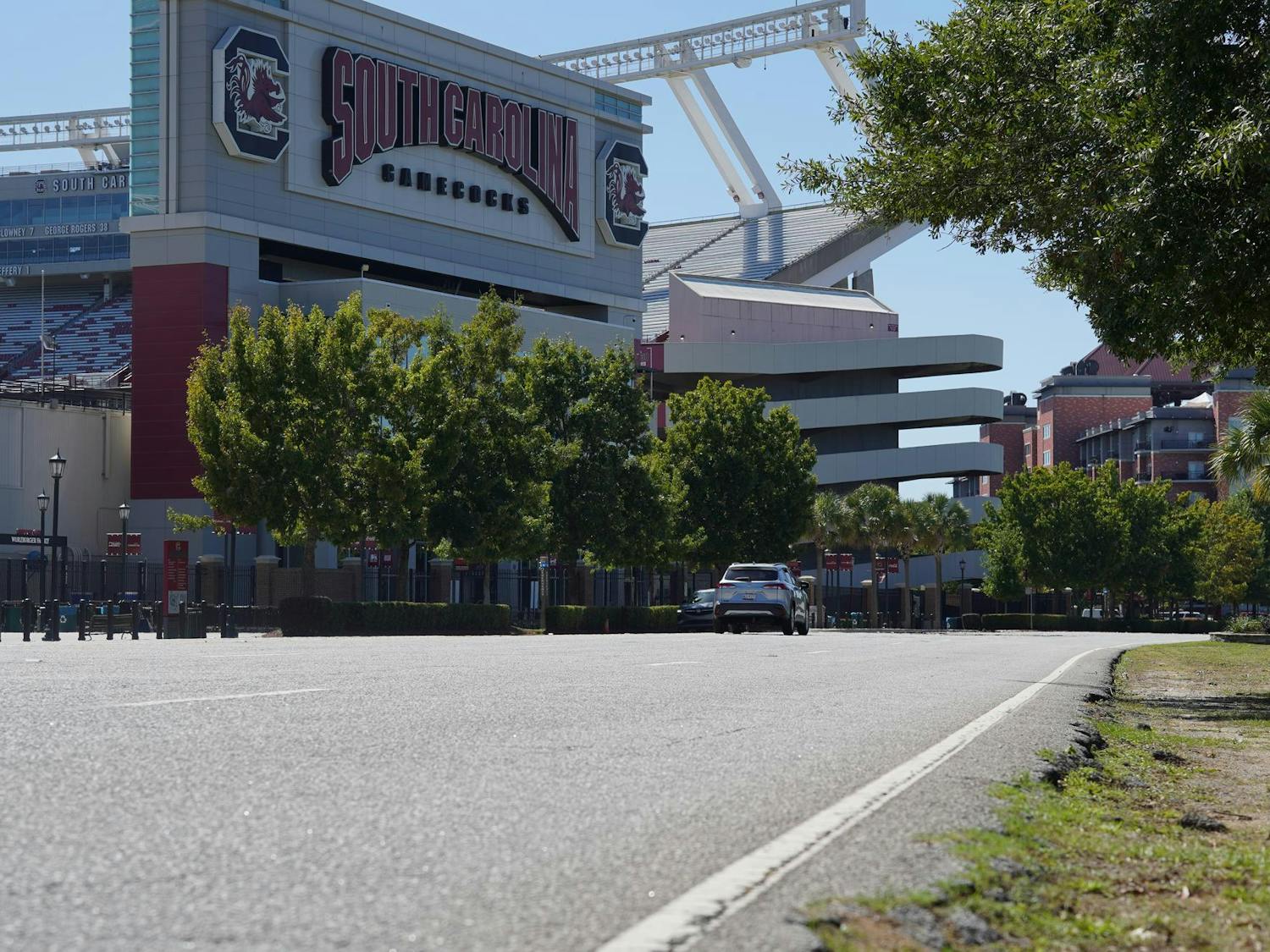 FILE — Roadside of Williams-Brice Stadium located on 1125 George Rogers Boulevard in Columbia, South Carolina, on Oct. 3, 2025. Williams-Brice Stadium is the home of the USC Gamecock football team.