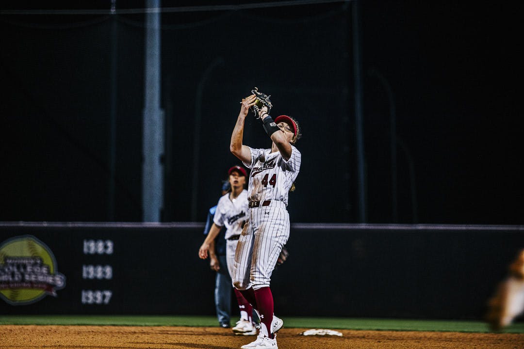 Sophomore infielder Emma Sellers catches a fly ball during the fifth inning of the South Carolina vs. College of Charleston game at Carolina Softball Stadium at Beckham Field on February 15, 2023. The Gamecocks beat the Cougars 8-0.&nbsp;