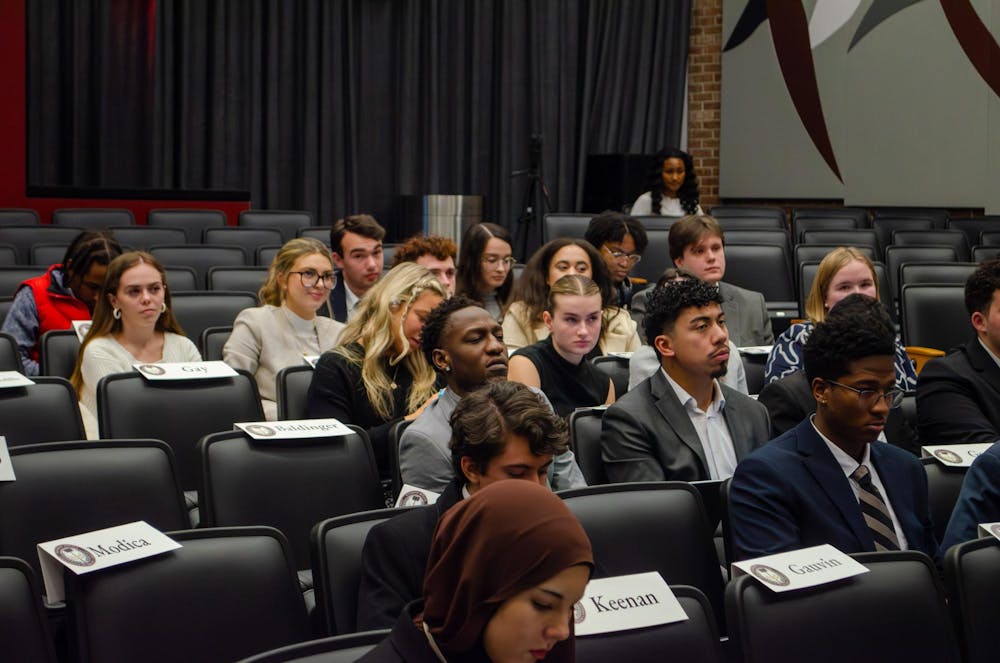 <p>Members of the student senate listen to a speech by speaker pro tempore Daniel Violette in the Russell House Theater on Greene Street in Columbia, South Carolina, on Jan. 28, 2026. Senate meetings occur every Wednesday starting at 5:30 p.m.</p>
