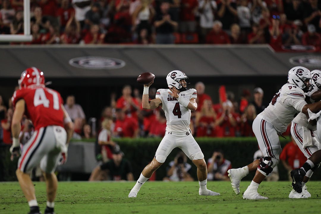Sophomore quarterback Luke Doty searches for an open receiver downfield on Sept. 18, 2021. This game against the Georgia Bulldogs resulted in a loss for the Gamecocks.