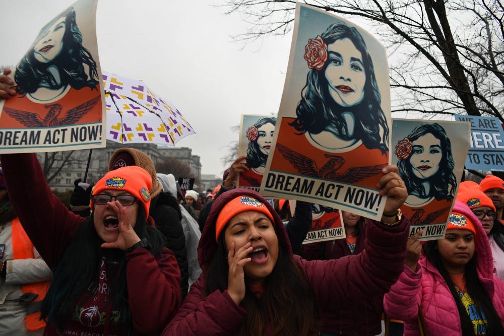 Immigration activists demonstrate outside the Capitol on Wednesday, Feb. 7, 2018 in Washington D.C. as the Senate agreed to a deal to avoid a shutdown that does not include provisions for so-called Dreamers sought by Democrats. (Miguel Juarez Lugo/Zuma Press/TNS)
