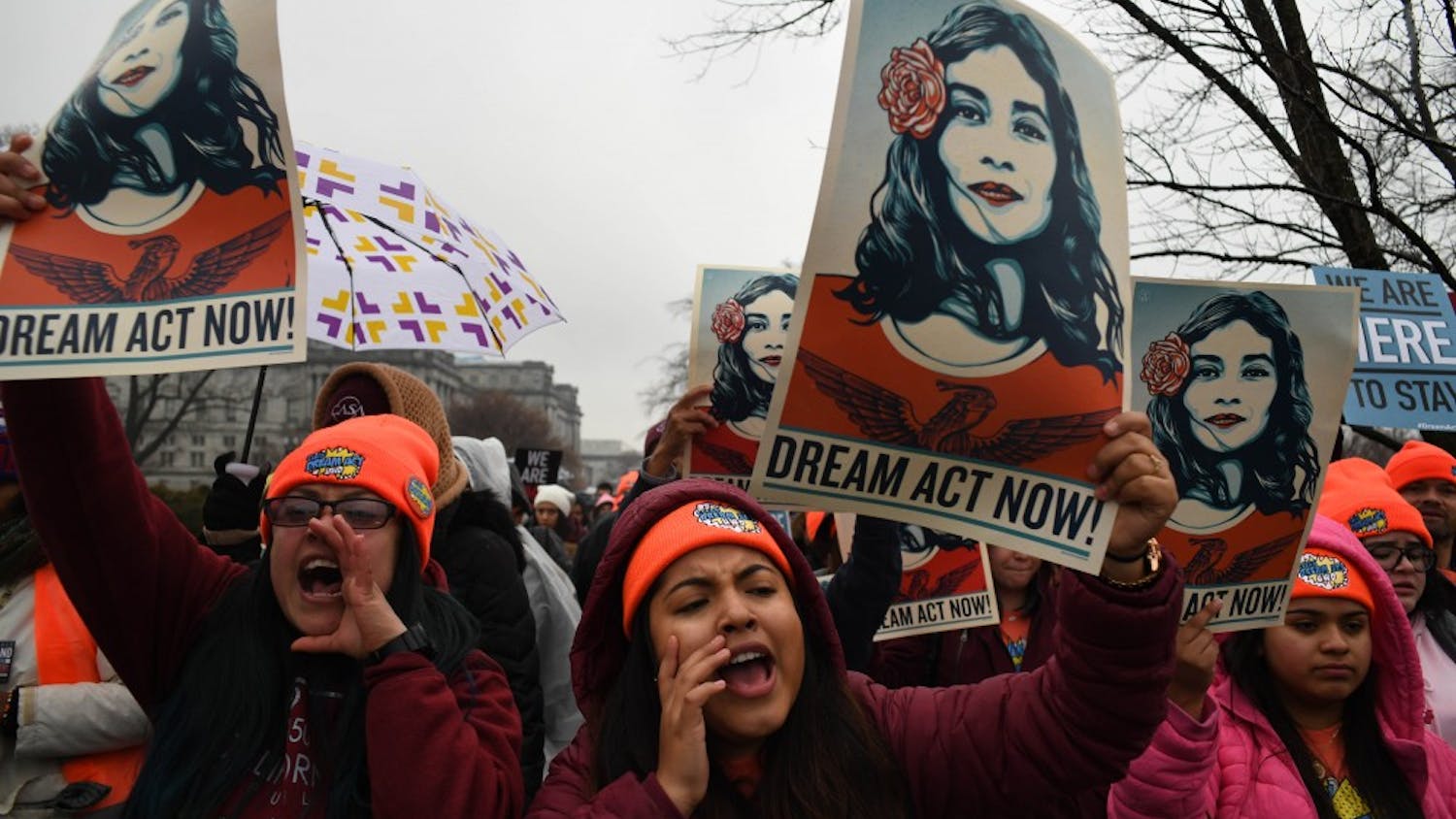 Immigration activists demonstrate outside the Capitol on Wednesday, Feb. 7, 2018 in Washington D.C. as the Senate agreed to a deal to avoid a shutdown that does not include provisions for so-called Dreamers sought by Democrats. (Miguel Juarez Lugo/Zuma Press/TNS)