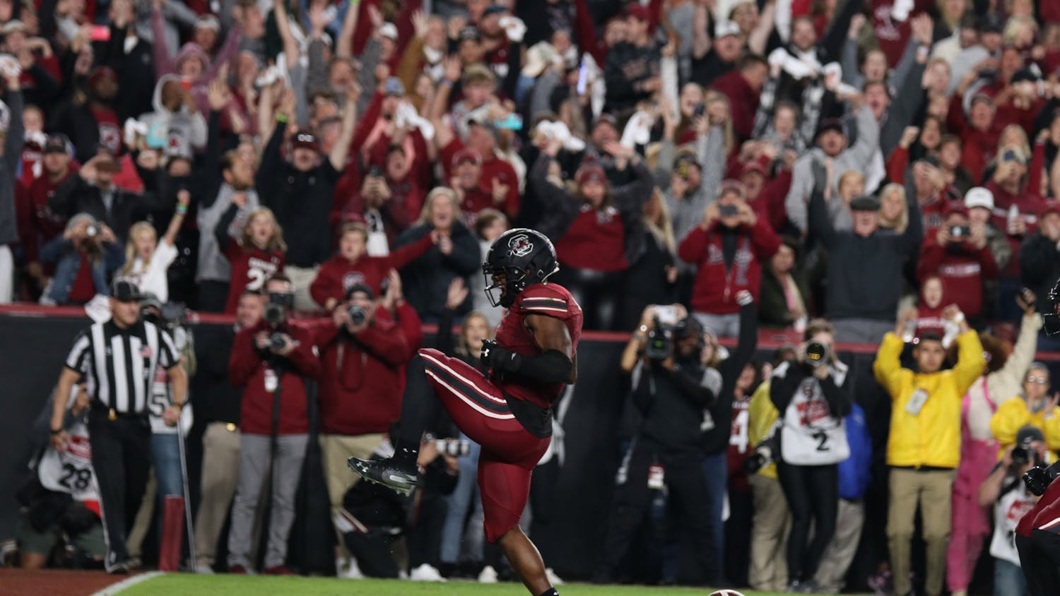 FILE - Redshirt sophomore running back MarShawn Lloyd celebrates a touchdown in the endzone against the Texas A&amp;M Aggies at Williams-Brice Stadium on Oct. 22, 2022. The Gamecocks defeated the Aggies 30-24.