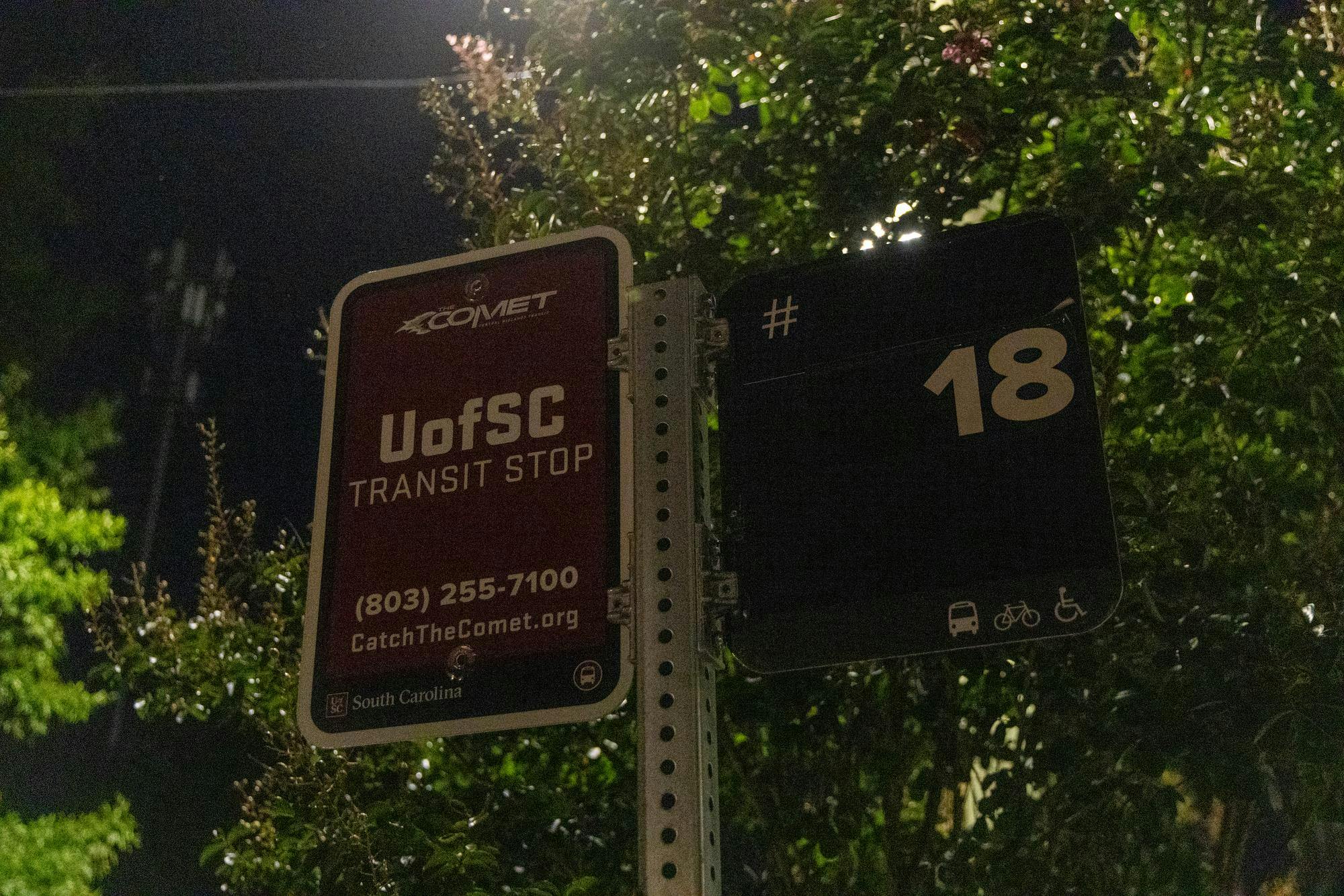 A UofSC Transit Stop sign on Lincoln Street, pictured on Sept. 21, 2025.