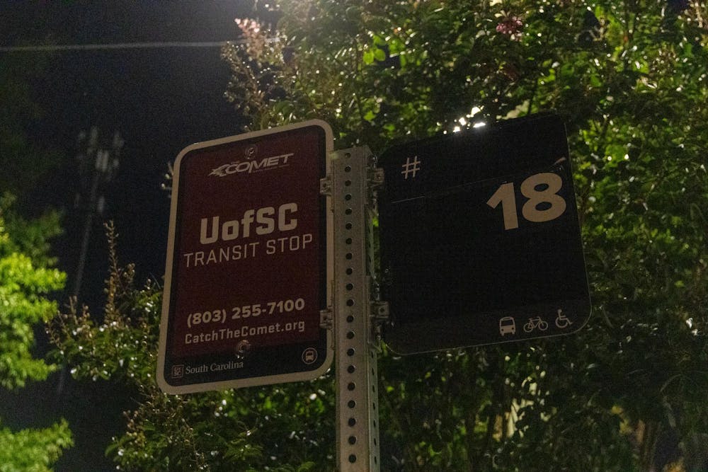 <p>A UofSC Transit Stop sign on Lincoln Street, pictured on Sept. 21, 2025.</p>