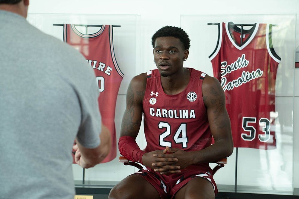 <p>Senior forward Keyshawn Bryant speaks to the press during the team's media day on Oct. 14, 2021. Bryant and redshirt junior guard Jermaine Couisnard took advantage of a new rule that allows players to undergo the draft process and returned to the Gamecocks basketball team for the 2022 season.</p>