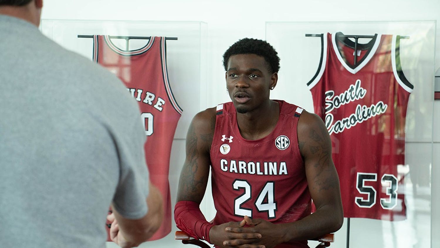 Senior forward Keyshawn Bryant speaks to the press during the team's media day on Oct. 14, 2021. Bryant and redshirt junior guard Jermaine Couisnard took advantage of a new rule that allows players to undergo the draft process and returned to the Gamecocks basketball team for the 2022 season.