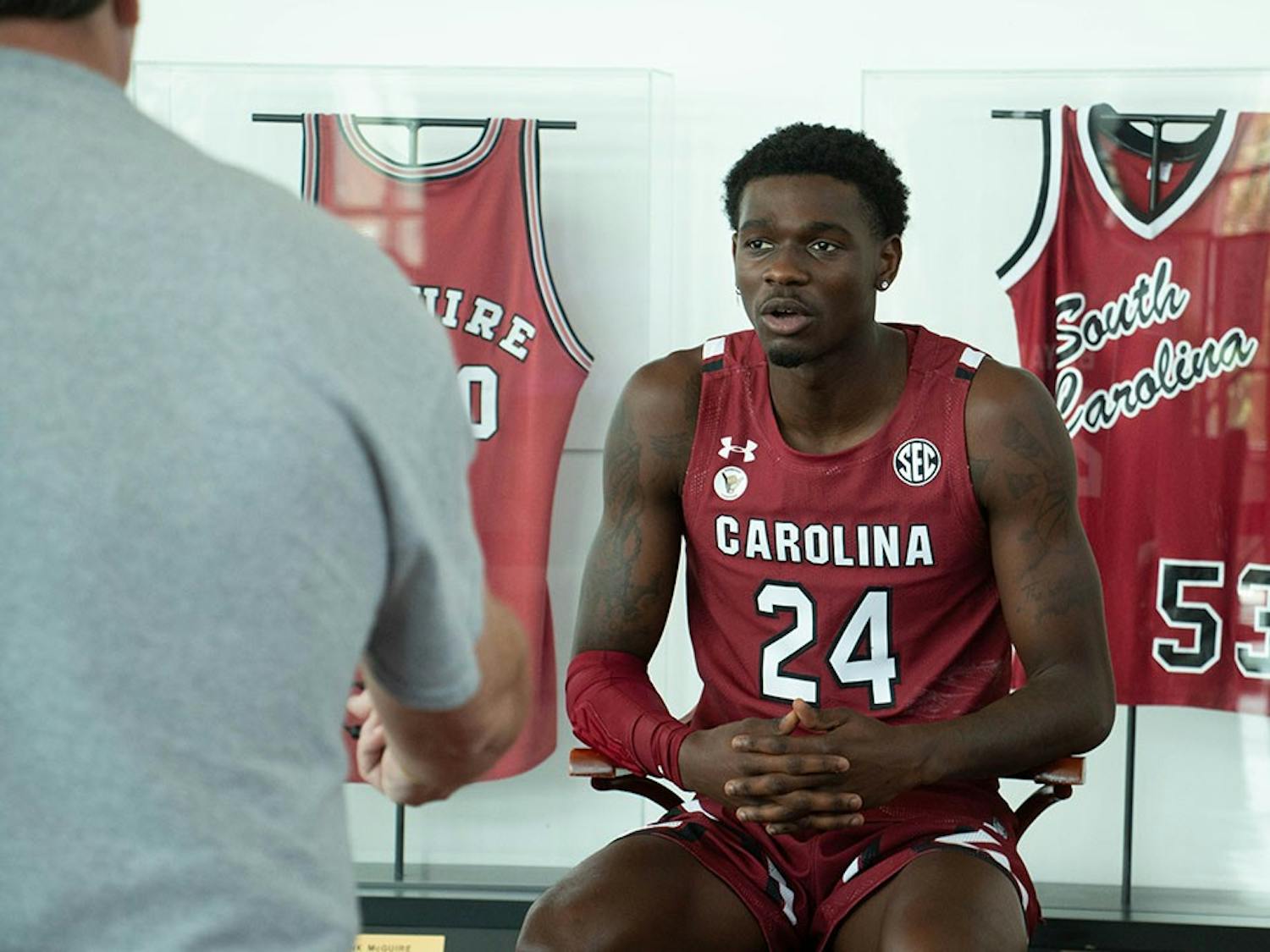 Senior forward Keyshawn Bryant speaks to the press during the team's media day on Oct. 14, 2021. Bryant and redshirt junior guard Jermaine Couisnard took advantage of a new rule that allows players to undergo the draft process and returned to the Gamecocks basketball team for the 2022 season.
