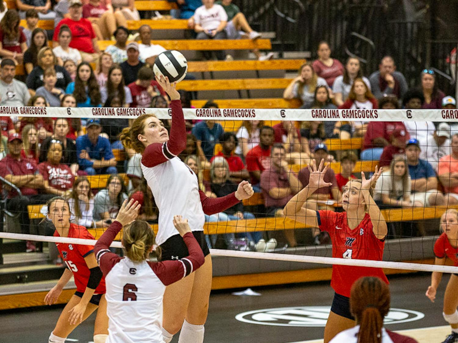 Junior middle blocker Ellie Ruprich spikes the ball during the South Carolina and Ole Miss matchup on Nov. 5, 2022. The Rebels beat the Gamecocks 3-1.&nbsp;