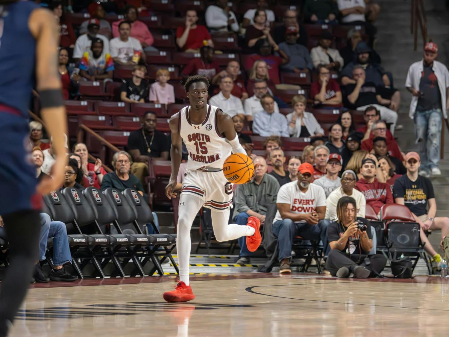 FILE - Sophomore guard Morris Ugusuk dribbles the ball down the court in the game against South Carolina State on Nov. 8, 2024, at Colonial Life Arena. The Gamecocks defeated the Bulldogs by a score of 86-64.