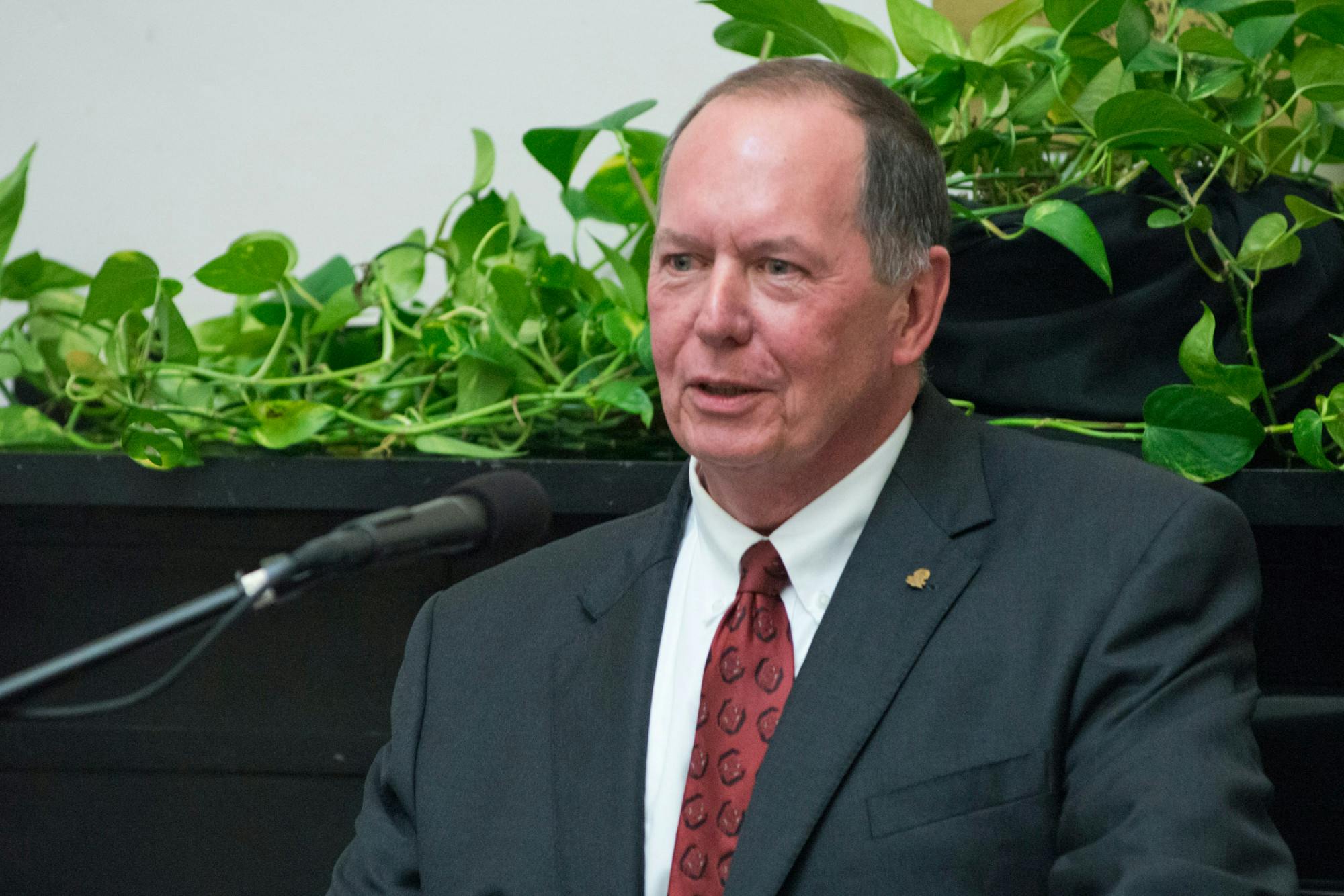 Dean of Libraries Thomas McNally speaks to audience about the return of the Richard T. Greener law diploma to the university during a ceremony on Tuesday, Oct. 15, 2013, the law diploma was earned in 1876 by the university's first black faculty member Richard T. Greener. &nbsp;After serving 15 years as a dean for USC McNally is stepping down.&nbsp;