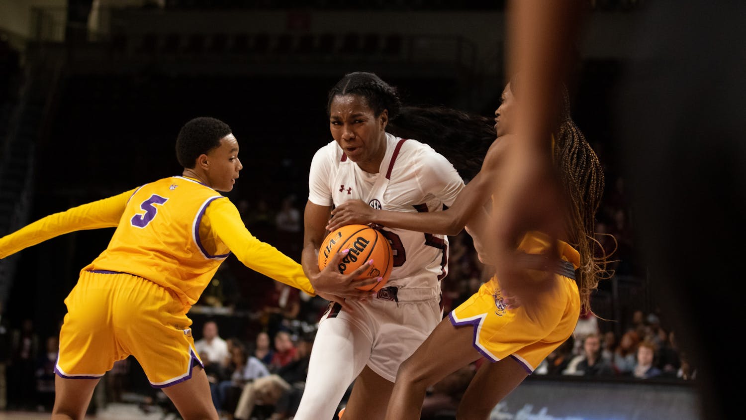 Sophomore guard Bree Hall gets fouled during the exhibition game against Benedict College at Colonial Life Arena on Oct. 31, 2022. The women’s basketball team went home with a dominant victory in its preseason exhibition match.