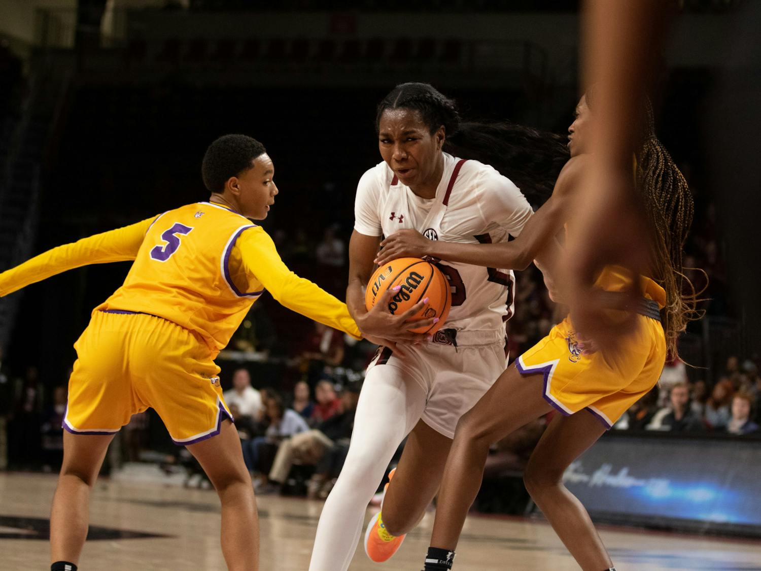 Sophomore guard Bree Hall gets fouled during the exhibition game against Benedict College at Colonial Life Arena on Oct. 31, 2022. The women’s basketball team went home with a dominant victory in its preseason exhibition match.