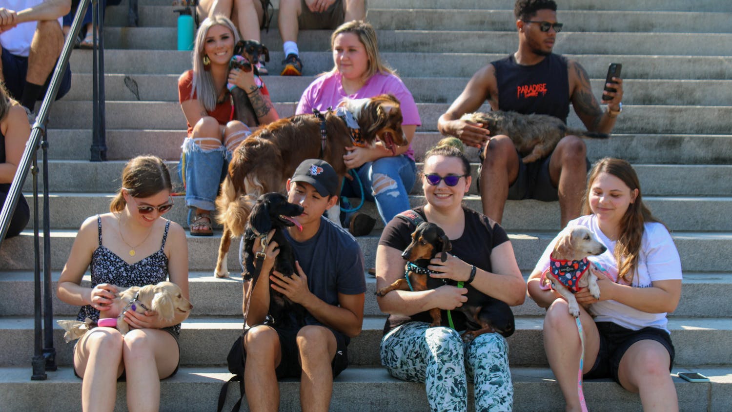 The Dachshunds of Columbia dog walking group gathers along the steps of the Statehouse with their dogs for a group picture on Sept. 17, 2022. The Columbia dog-walking group gathered with their furry friends for a walk from USC's Horseshoe to the S.C. Statehouse.