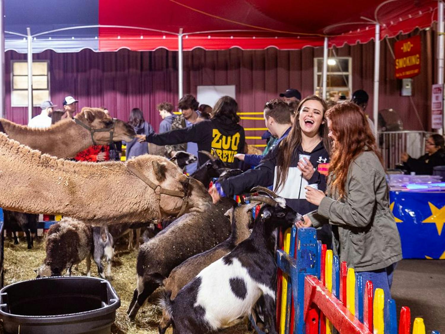 Columbia residents Lyndsey (left) and Courtney (right) Lyman laugh while feeding a camel and goat at the petting zoo of the South Carolina State Fair on Oct. 18, 2023. The petting zoo features camels, goats, sheep, zebu cattle and donkeys for fairgoers to feed and interact with.