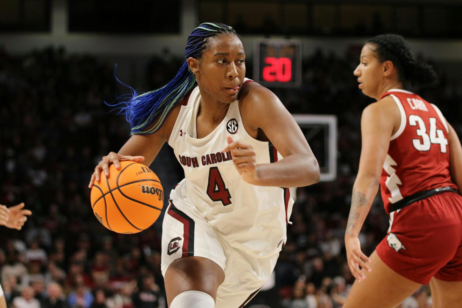 FILE—Senior forward Aliyah Boston drives towards the basket in a game against Arkansas on Jan. 22, 2023. Boston declared for the WNBA draft shortly after the Gamecocks' lost to Iowa in the Final Four game on March 31, 2023.