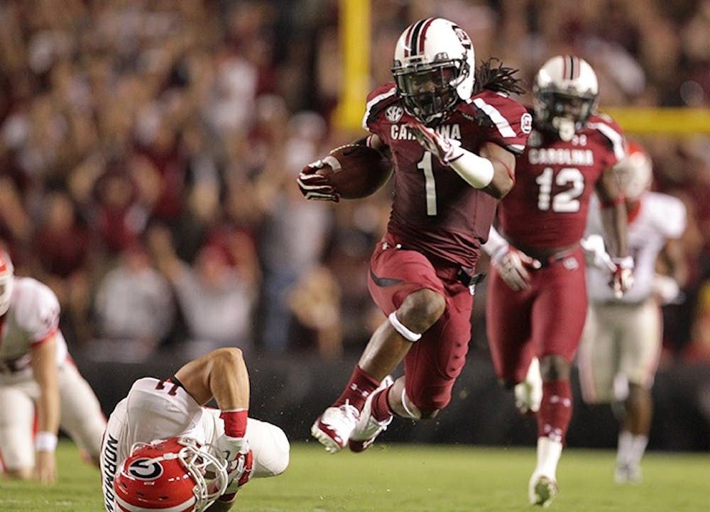 South Carolina wide reciever Ace Sanders returns a punt 70 yards for a touchdown in the first quarter against Georgia at Williams-Brice Stadium in Columbia, South Carolina, on Saturday, October 6, 2012. (C Michael Bergen/The State/MCT)
