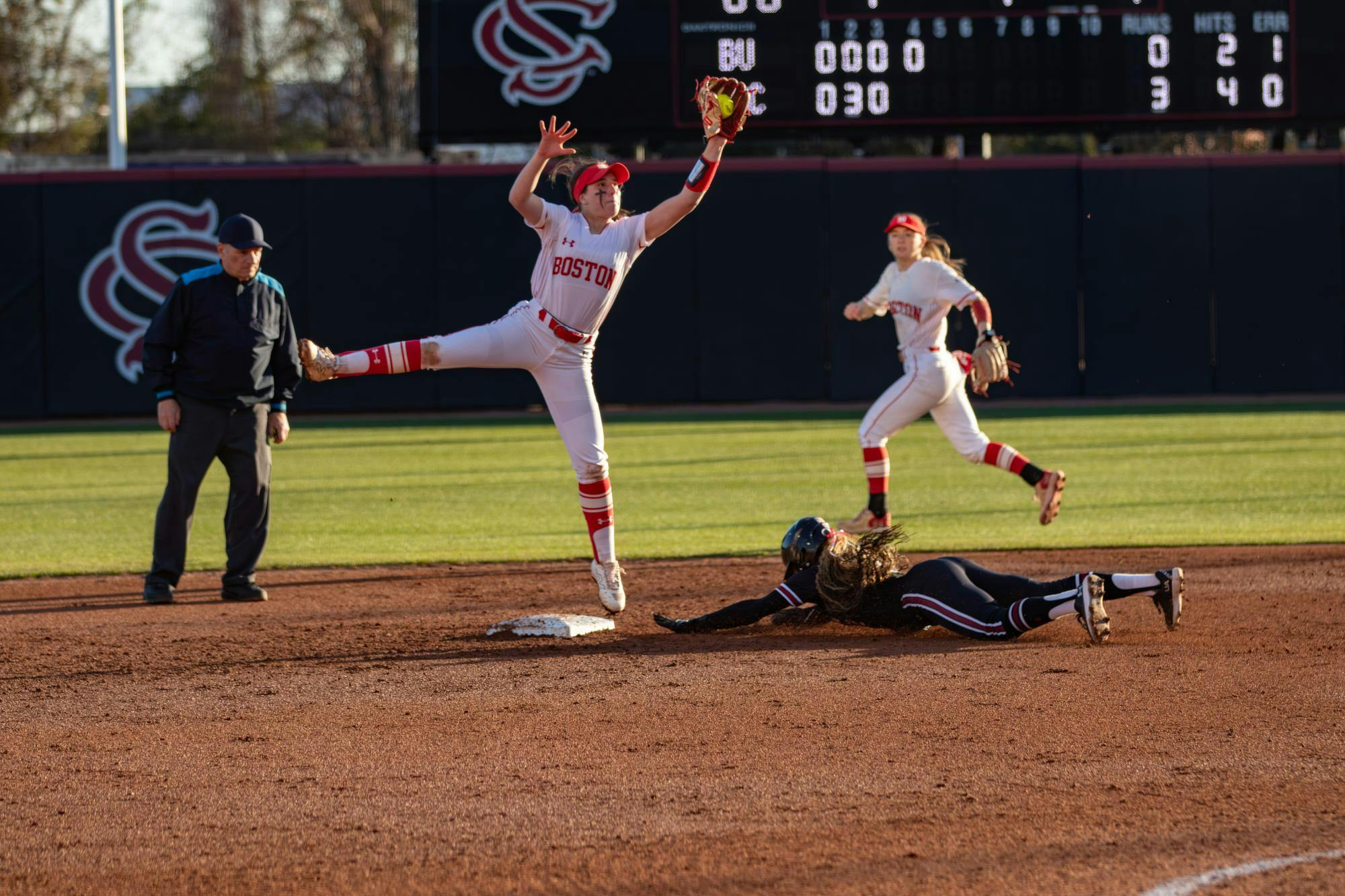Sophomore outfielder Nia McKnight&nbsp;sliding&nbsp;into second&nbsp;during a game against&nbsp;Boston University on Feb. 13, 2026, at Carolina Softball Stadium at Beckham Field. McKnight was 5-5 on steals last season for the Gamecocks.