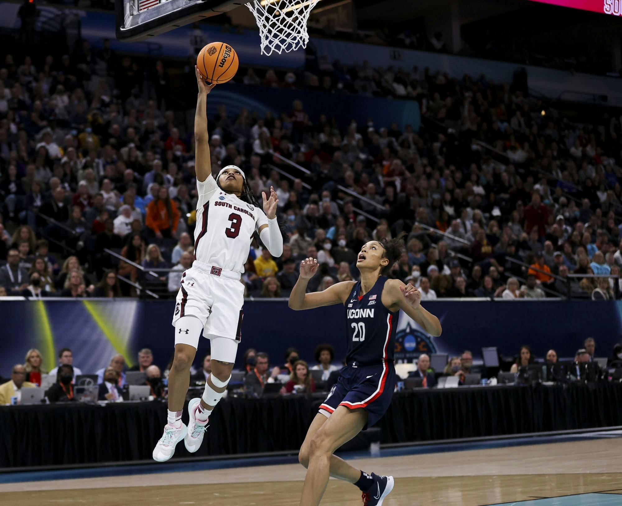Senior guard Destanni Henderson goes for a layup during the third quarter of South Carolina's 64-49 victory over University of Connecticut, winning the 2022 National Championship on April 3, 2022.