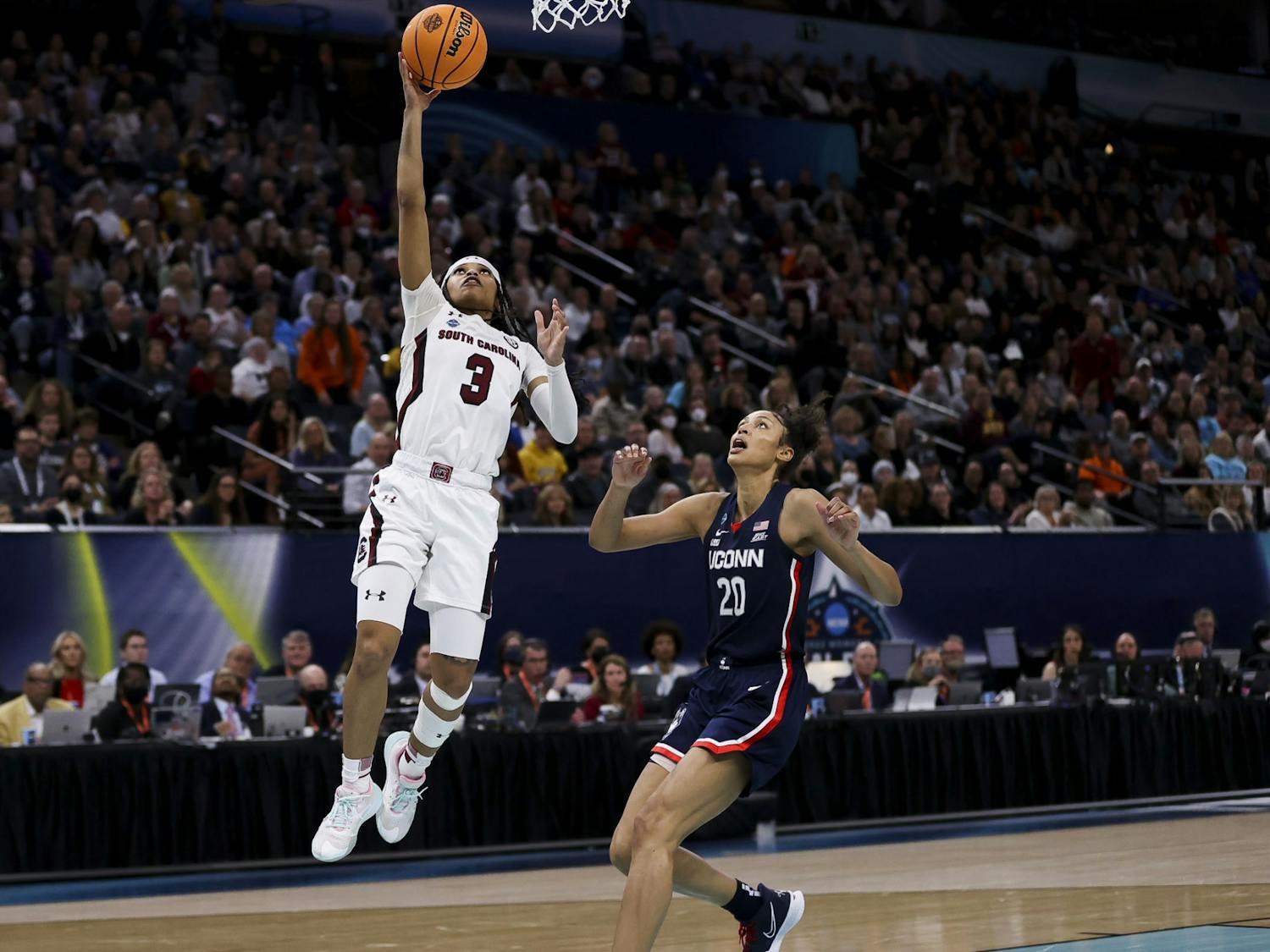 Senior guard Destanni Henderson goes for a layup during the third quarter of South Carolina's 64-49 victory over University of Connecticut, winning the 2022 National Championship on April 3, 2022.