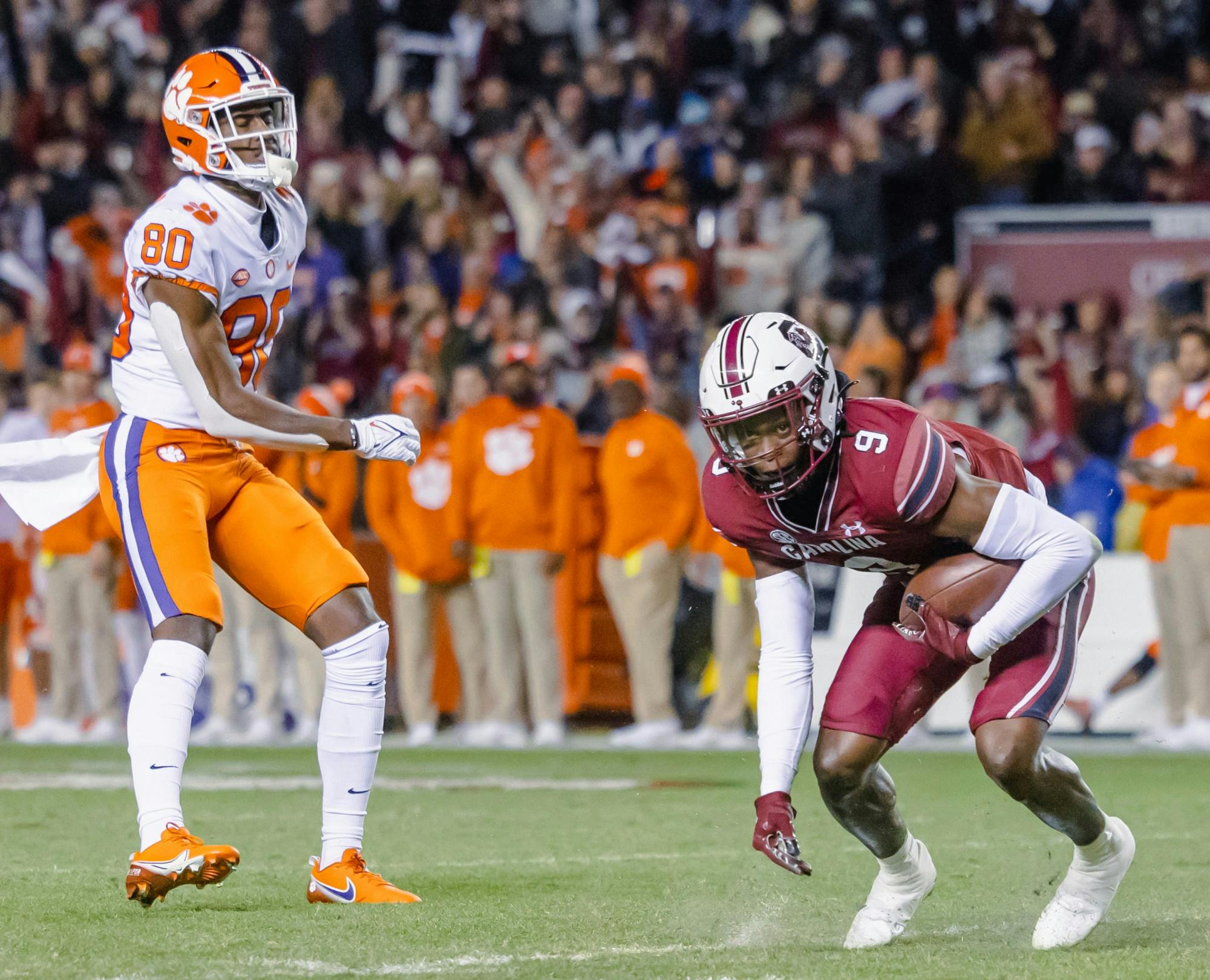 Gamecocks Defensive Back Cam Smith Intercepts the ball. The Gamecocks lost 0-30 against the Clemson Tigers. 