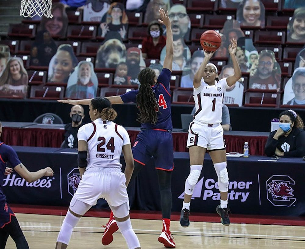 Sophomore guard Zia Cooke shoots the ball during the game against Ole Miss. South Carolina won 68-43.