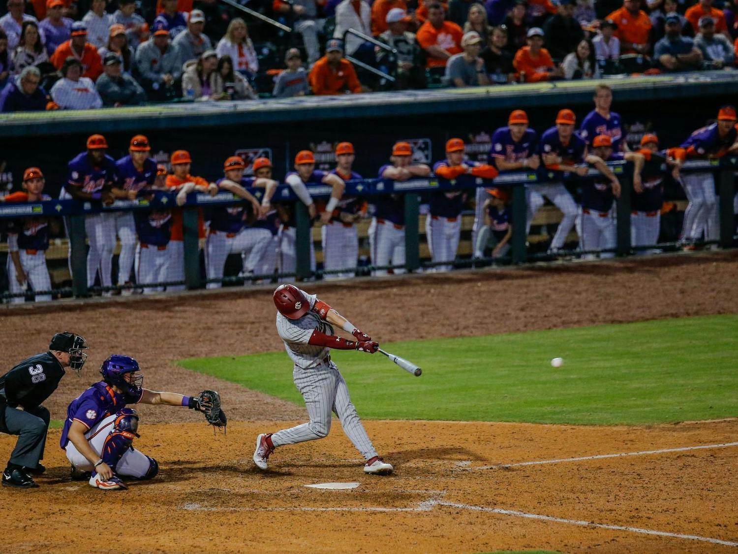 Sophomore infielder Will Tippett hits the ball during the “Battle at Bull Street” game between South Carolina and Clemson at Segra Park on March 2, 2024. Tippett went 2-5 and scored 2 runs in the Gamecocks’ 5-4 loss to the Tigers.