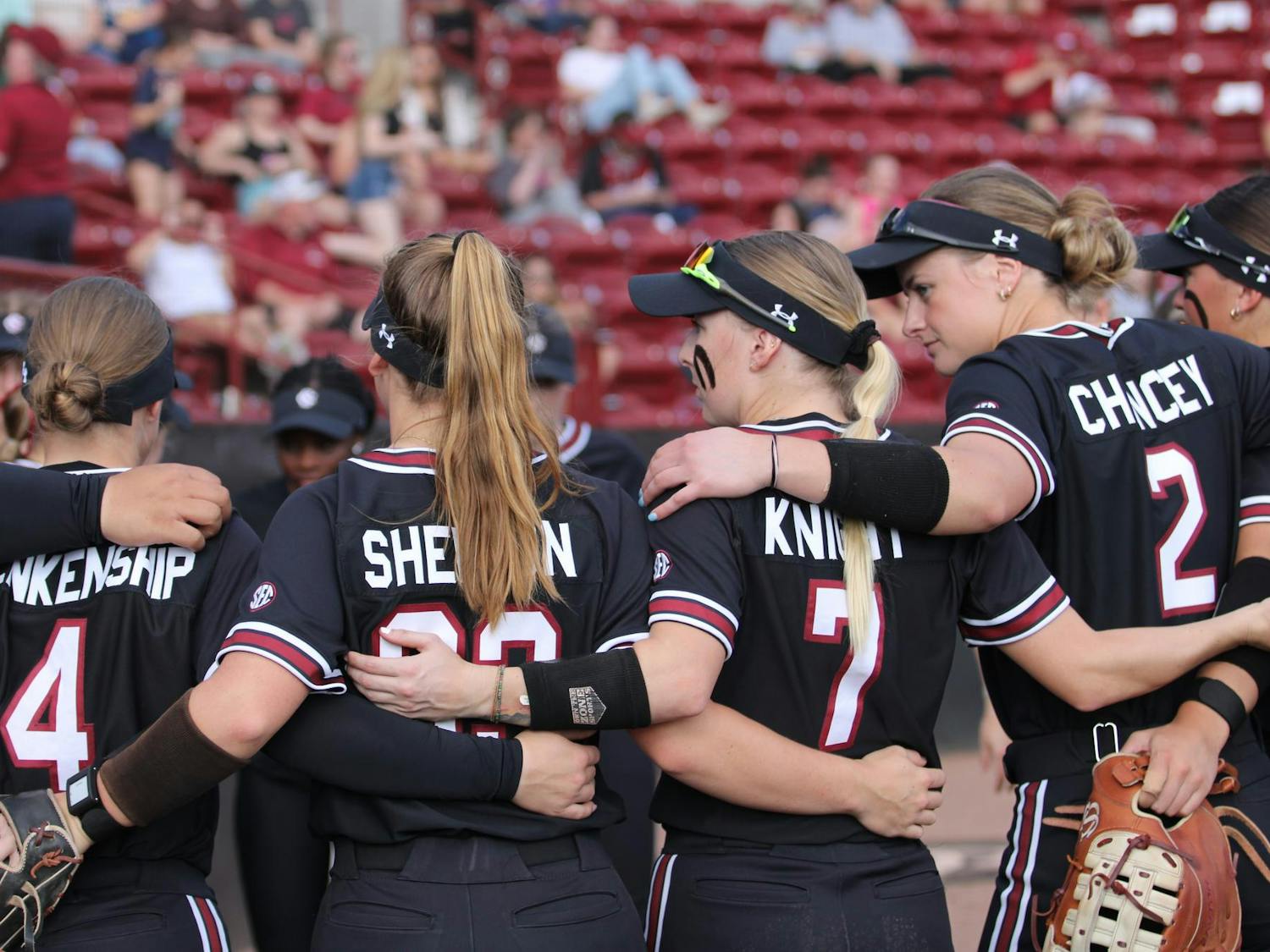 The South Carolina Gamecock softball team prepares to play against East Carolina on Feb. 9, 2025. The Gamecocks beat the Pirates 1-0.