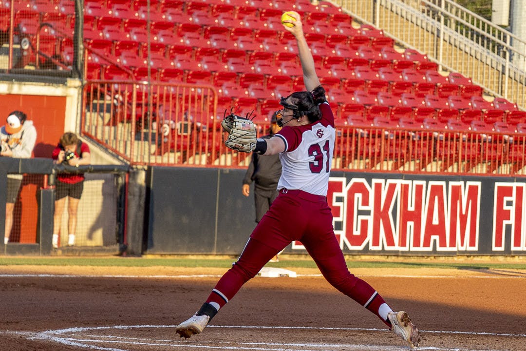 Senior pitcher Karsen Ochs winds up before throwing the ball to Campbell University's batter during the matchup at Beckham Park on Feb. 19, 2023. The Gamecocks beat the Camels 2-1.&nbsp;