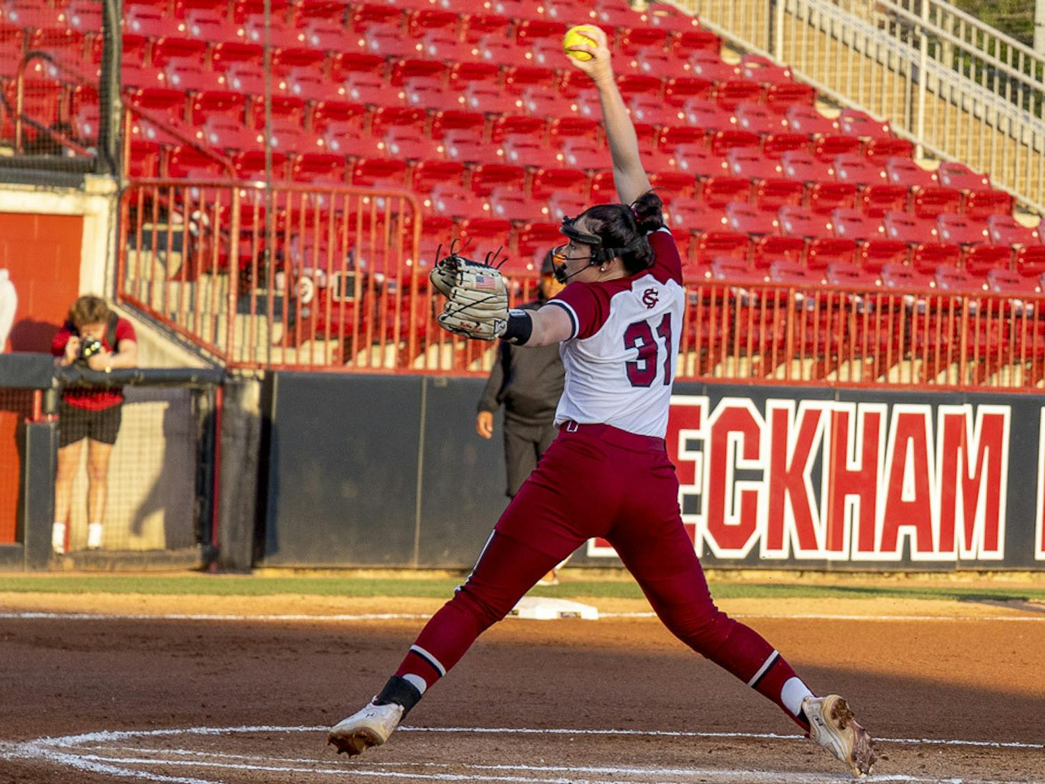 Senior pitcher Karsen Ochs winds up before throwing the ball to Campbell University's batter during the matchup at Beckham Park on Feb. 19, 2023. The Gamecocks beat the Camels 2-1.&nbsp;