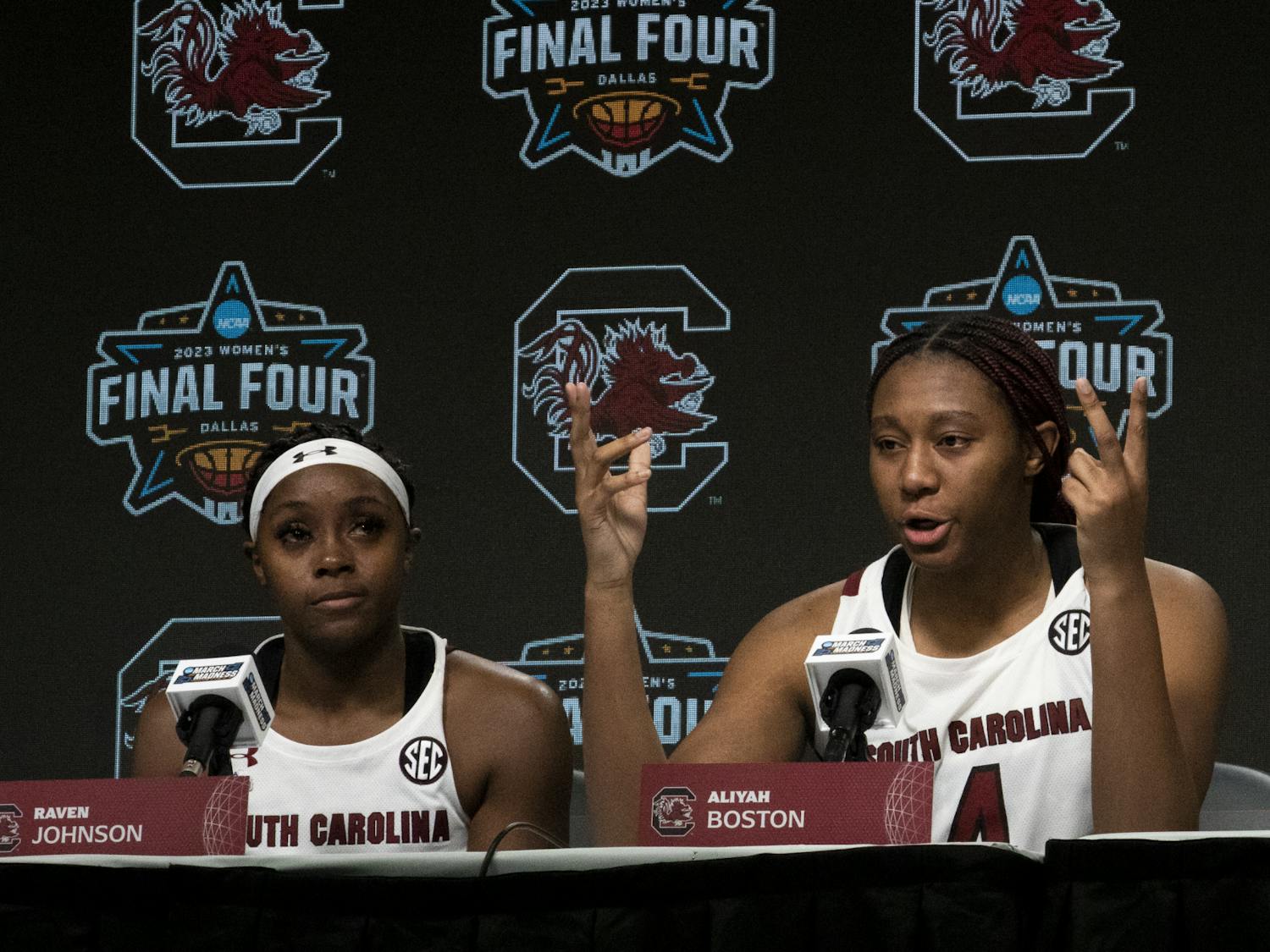 Boston and Johnson share their post-game thoughts about the Women’s Final Four match on March 31, 2023. The Gamecocks lost to the Hawkeyes 77-73, ending its historic 42-game winning streak. 