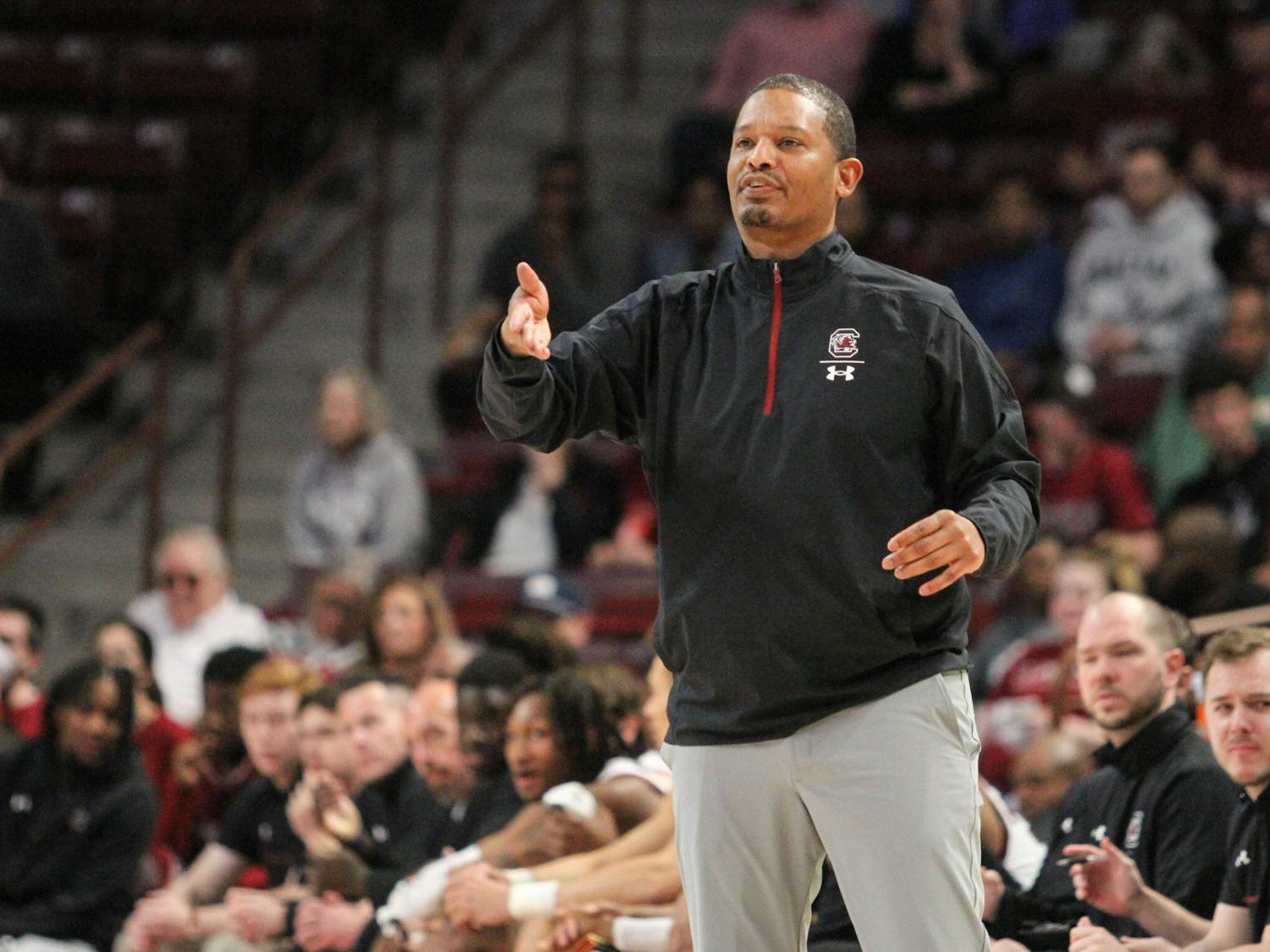 Head coach Lamont Paris calls a play during South Carolina’s game against Georgia on March 4, 2023, at Colonial Life Arena. The Gamecocks beat the Bulldogs 61-55.