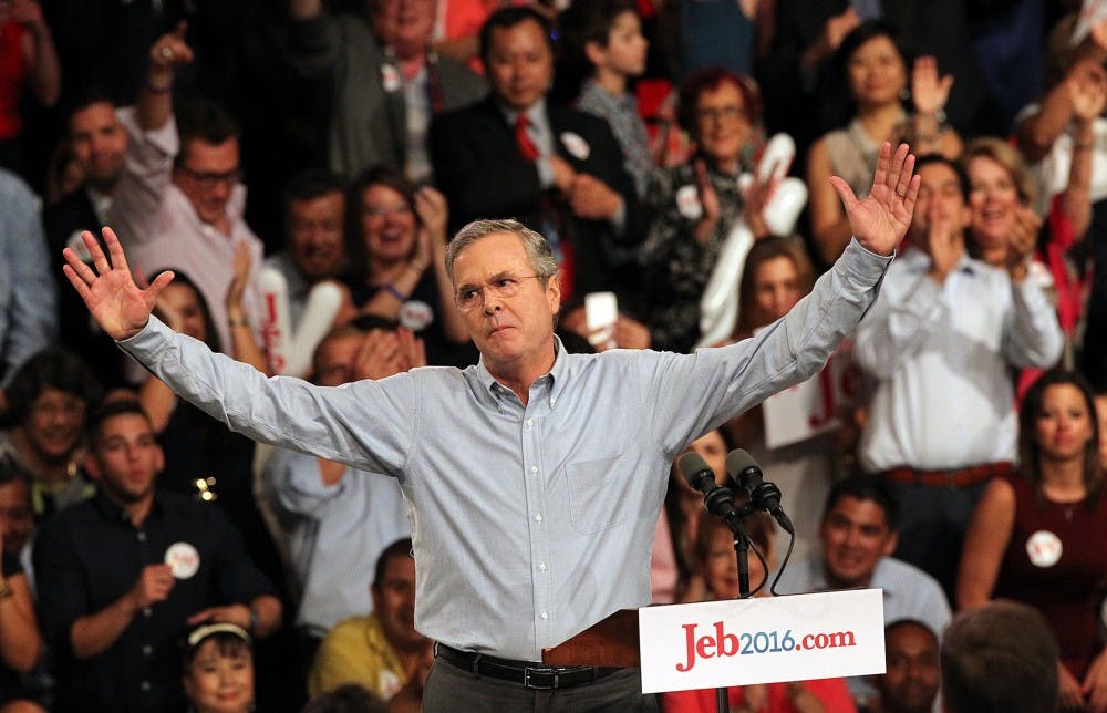 The crowd cheers as former Florida Gov. Jeb Bush announces his candidacy for president on Monday, June 15, 2015, at the Kendall campus of Miami Dade College in Kendall, Fla. (Patrick Farrell/Miami Herald/TNS)